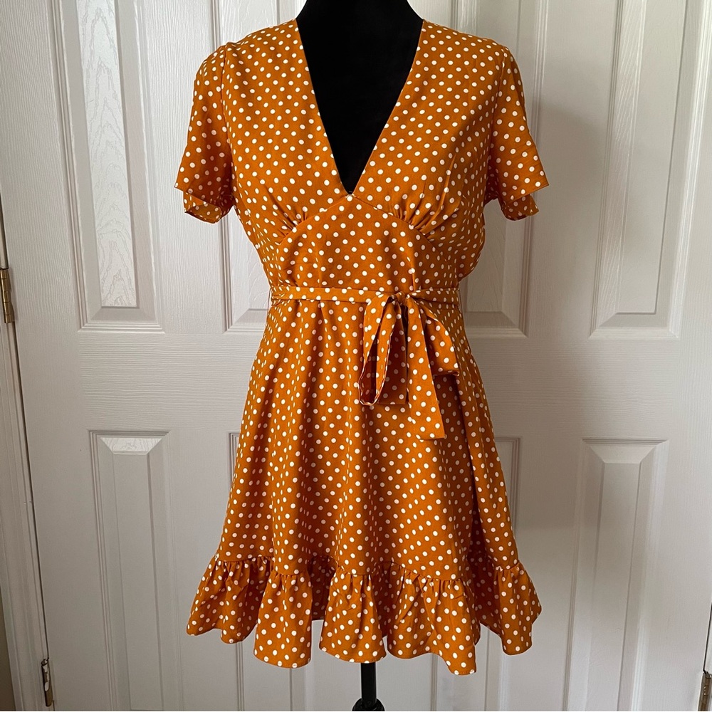 SHOWPO Orange Polka Dot Tie Waist Mini Dress Size 8